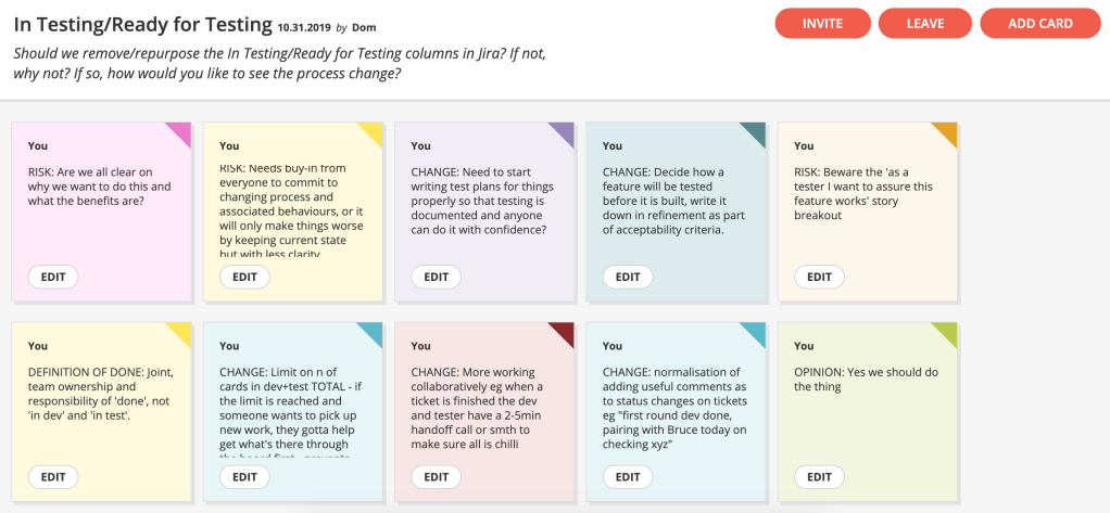 Image shows ten cards on a virtual board, with the title "In testing/ready for testing: should we remove/repurpose the testing columns in jira?"